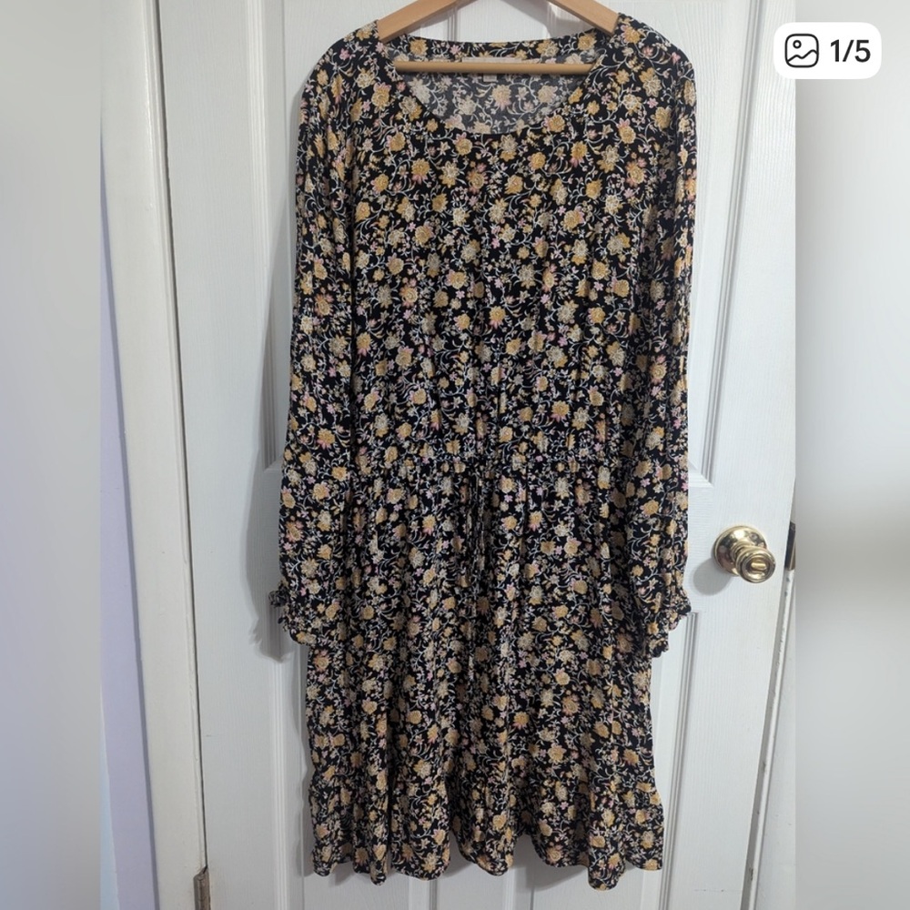 Ann Taylor Loft Womens Dress Size XL Black Long Sleeve Floral Boho